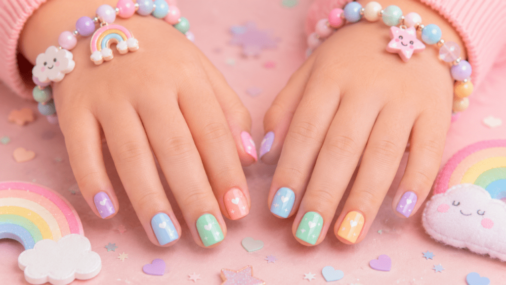 pastel rainbow nails with soft colors
