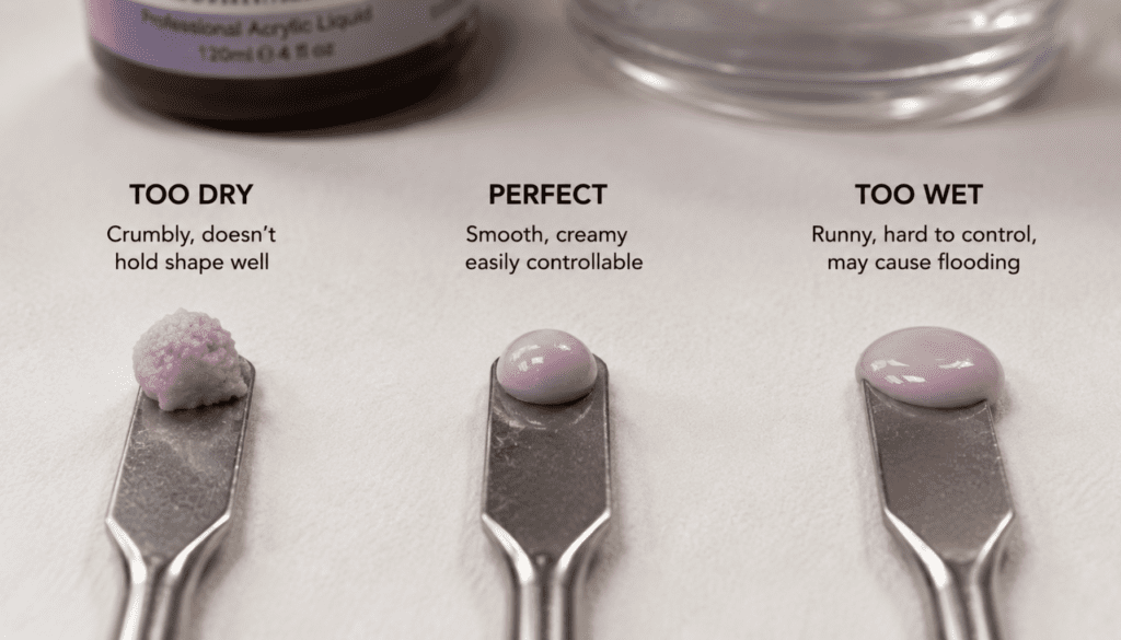 Correct and incorrect acrylic liquid-to-powder ratio