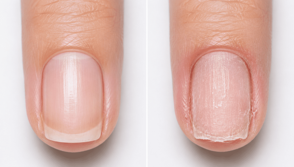 Healthy nail compared with an over-filed nail plate after excessive filing