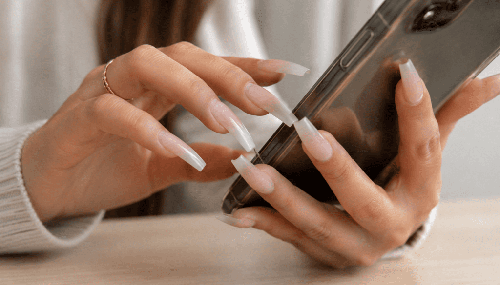 Person using a smartphone with long acrylic nails