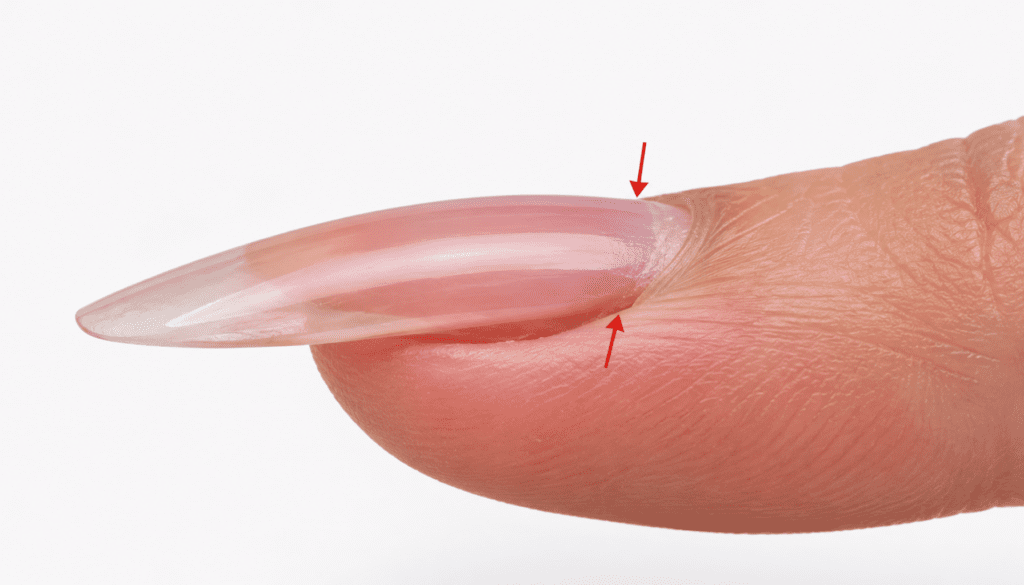 Side view of an acrylic nail applied too tightly near the cuticle