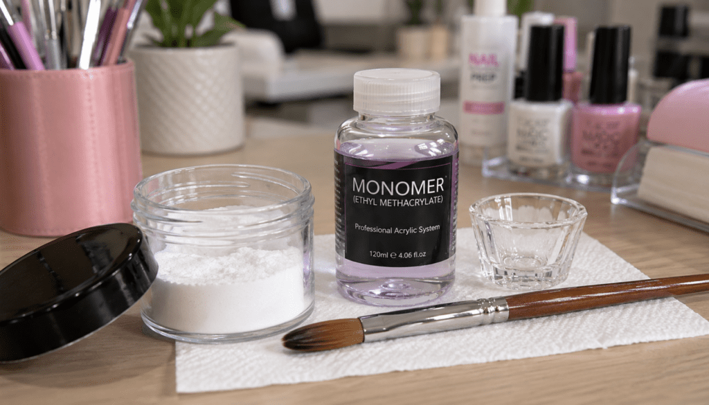 acrylic powder, monomer, and nail brush on a salon table