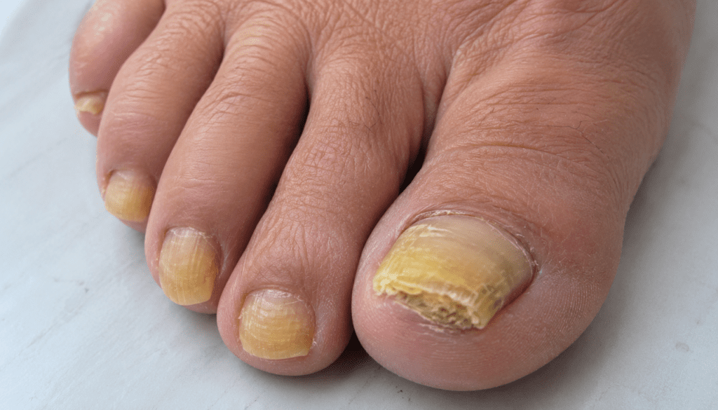 yellow thick toenail caused by fungal infection