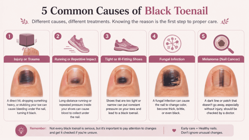 Common causes of a black toenail explained with illustrations