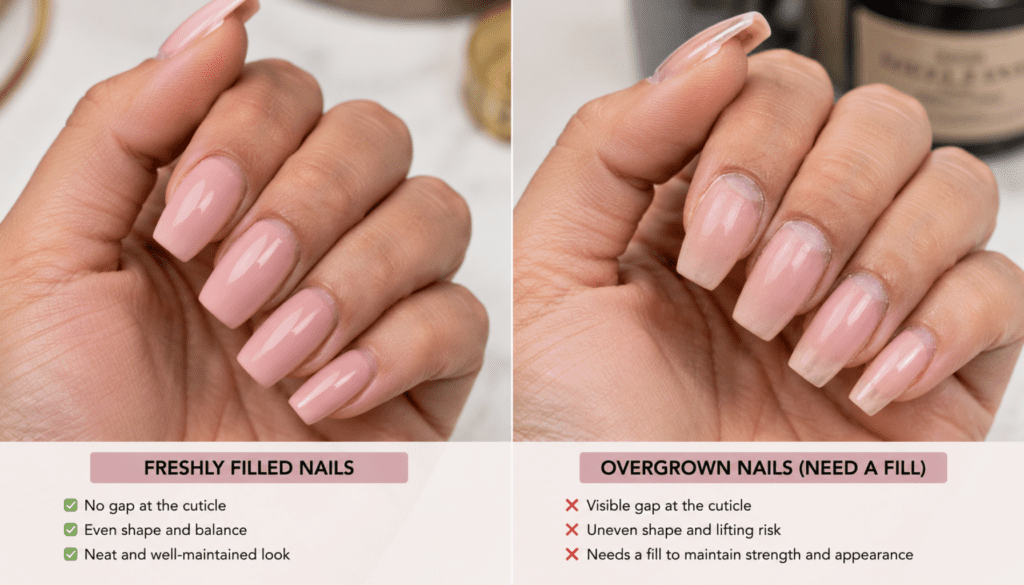 Fresh acrylic nails compared with overgrown acrylic nails